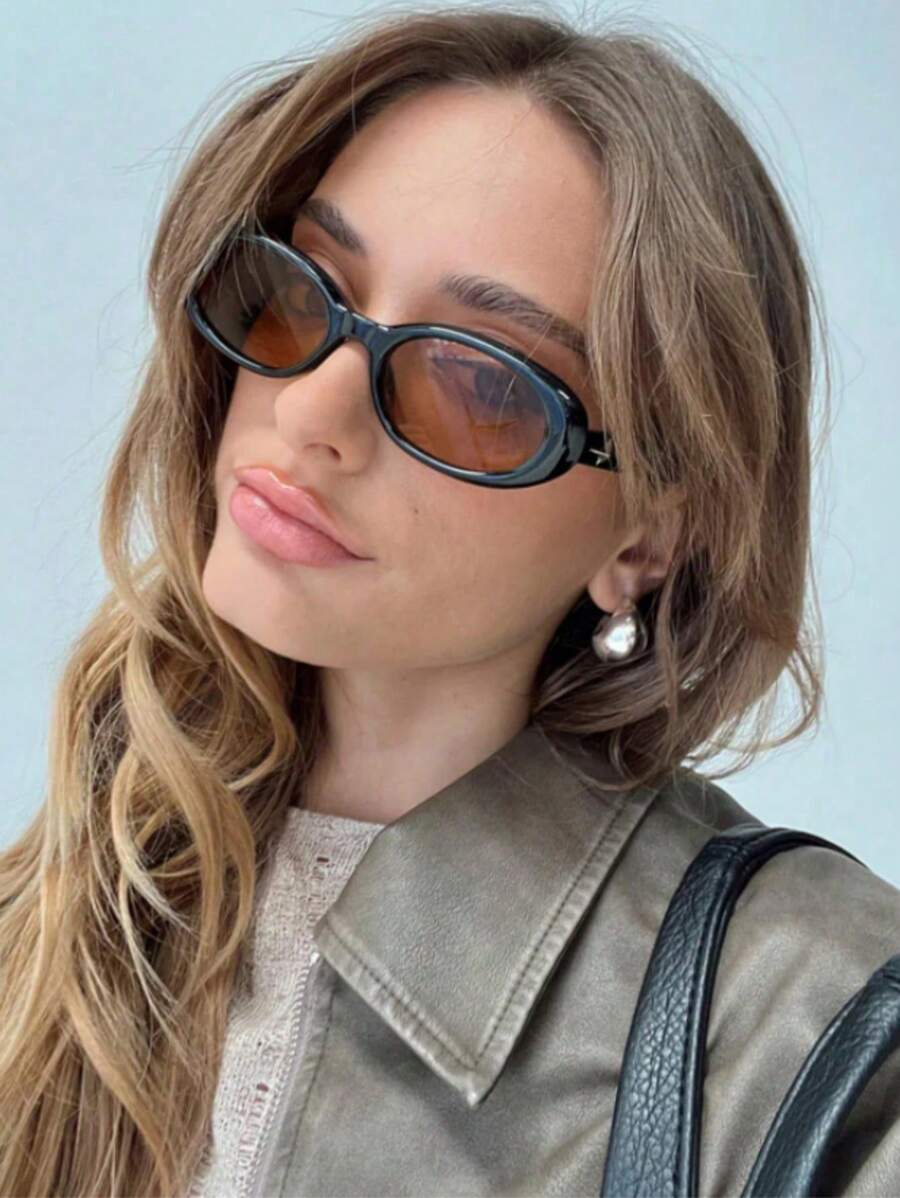 1 件装复古纯色女士眼镜，适合户外、驾驶、海滩、休闲日常佩戴椭圆形女士时尚眼镜 - 茶色 - 查看 1