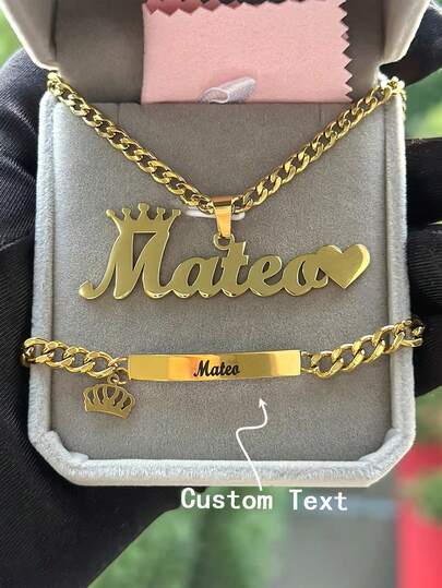 1pc New Custom Name Set Jewelry Stainless Steel Love Crown Name Pendant Engraved Name,18k Gold Electroplated Stainless Steel, Teen/Boy/Girl Bracelet Necklace Set,Back To School Fashion