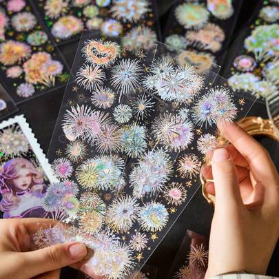 3sheets PET Scrapbook Stickers Vintage Fireworks Stickers For Scrapbooking Junk Journal Crafts Embellishment Decoration Stickers, School Supplies, Back To School