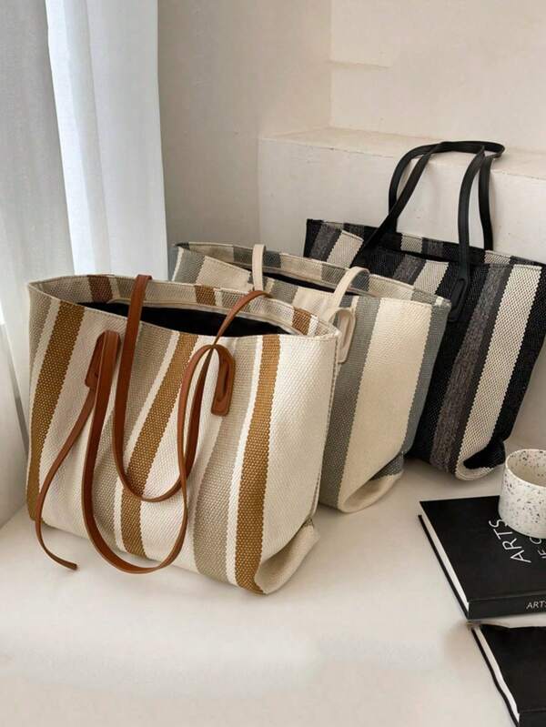 1PC Korean Version Of Large Capacity Women's Shoulder Bag Women's 2025 New Simple Vertical Stripe Casual Tote Bag Fashion Handbag.