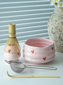 1pc/2pcs/4pcs/5pcs Hand-Painted Heart Matcha Tea Set, Cute Matcha Bowl, Tea Whisk, Tea Spoon, Complete Matcha Tea Utensils Set, Suitable For Matcha Beginners, Gift For Matcha Lovers, Birthday Present Back To School