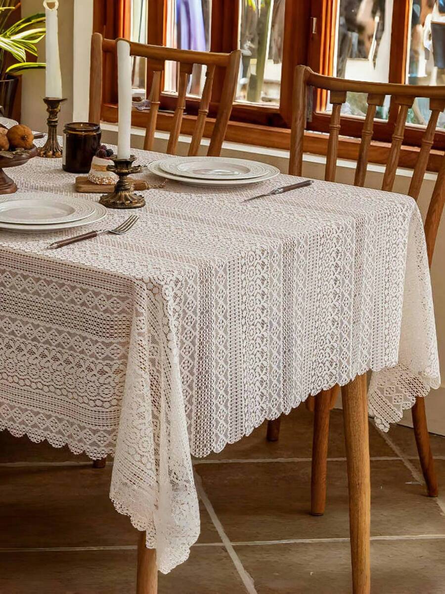 1pc French Lace Tablecloth, Delicate High-End Cream Style, Square Shape For Coffee Table & Dining Table, Easy To Clean - Beige - View 1