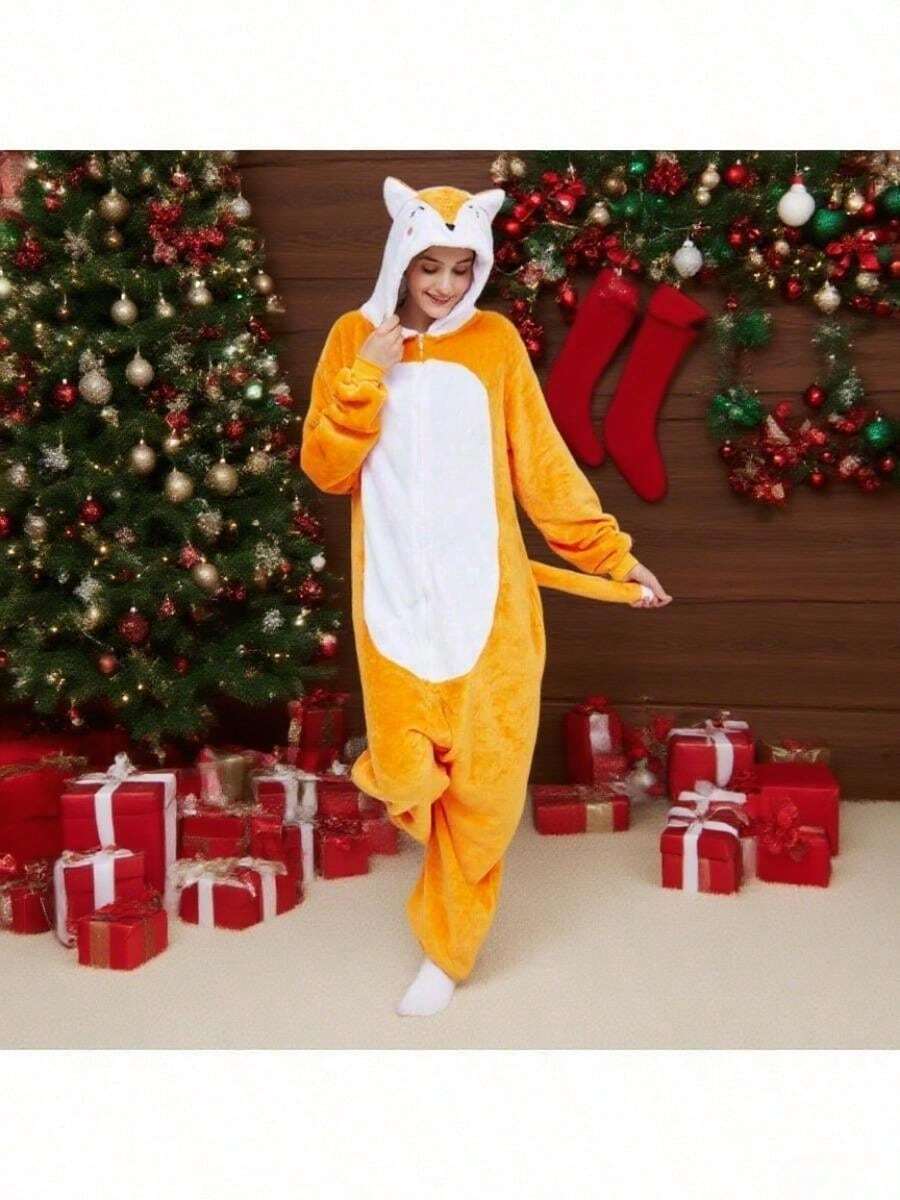 1pc Unisex Adulto zorro Pijama - Disfraz de zorro de dibujos animados para Halloween, Color sólido, con capucha, con cremallera, tejido de punto, ropa de fiesta, para todas las estaciones - zorro - Ver 1