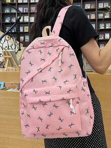 Conjunto de 3 piezas de mochila, estuche para lápices y bolso de mujer con estampado de moño, ligero y espacioso, adecuado para la temporada de regreso a la escuela - Multicolor - Ver 5