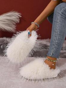 New Women Fluffy Slippers Soft Comfortable Indoor Slippers Lightweight Cute Outdoor Slip-On Fashionable Solid Color Ladies Mules - White - View 1