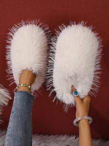 New Women Fluffy Slippers Soft Comfortable Indoor Slippers Lightweight Cute Outdoor Slip-On Fashionable Solid Color Ladies Mules - White - View 2