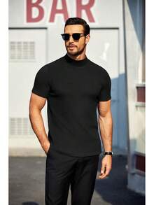 Mens Mock Turtleneck Sweater Short Sleeve Turtle Neck Sweaters Casual Ribbed Knitted Pullover Tops Solid Basic Tee - Đỏ sẫm - Xem 8