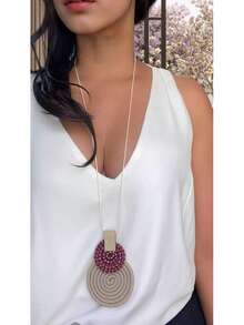 Women's Long Necklace Color Handmade Mandal Pendant - 15.自然色/瑪薩拉酒紅波爾卡圓點 - 查看 1
