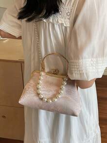 新款中国风民族风刺绣手提包，女士时尚夏季珍珠手拿包斜挎包 - 粉色 - 查看 6