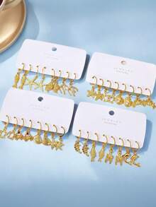 1set/8pcs Starfish & Shell Design Gold Tone Earrings, Minimalist Style Earrings For Women, Suitable For Daily, Beach, Vacation Wear - Earring Set - View 13