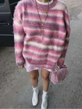 Vivid Style Casual Color Block Gradient Stripe Loose Round Neck Knitted Sweater For Women, Homecoming