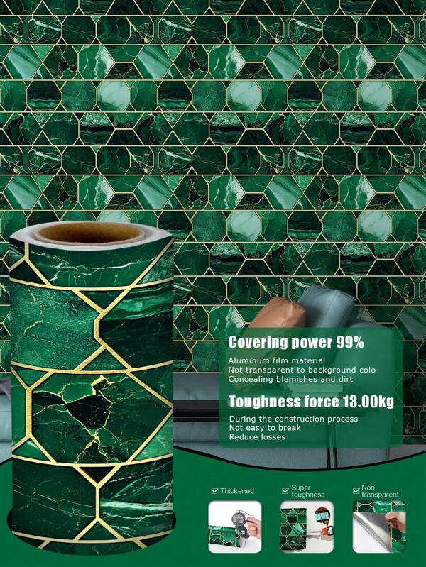 1 Roll 1m/3m/5m Vintage Green Marble Texture Crystal-Like Geometric Pattern Modern Luxurious Vinyl Wallpaper, Suitable For Home Renovation, Room Decor, Cabinet Makeover, Bathroom Decor, Waterproof, Dirt-Proof, Self-Adhesive Wall Paper Wall Stickers Wall Decor Kitchen Bedroom Living Room Decor