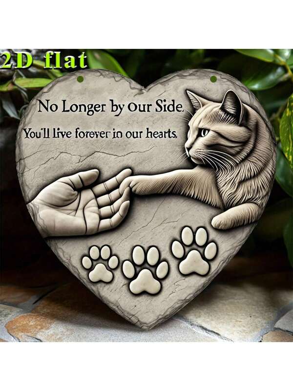 Piedra memorial de acrílico para mascotas, en forma de corazón, 1 pieza, de estilo plano 2D, con grabado de gato y huellas de pata, con la inscripción "Ya no estás con nosotros, pero vives por siempre en nuestros corazones". Regalo de condolencia por el fallecimiento de una mascota, decoración para jardín, césped o pared, lápida para mascotas