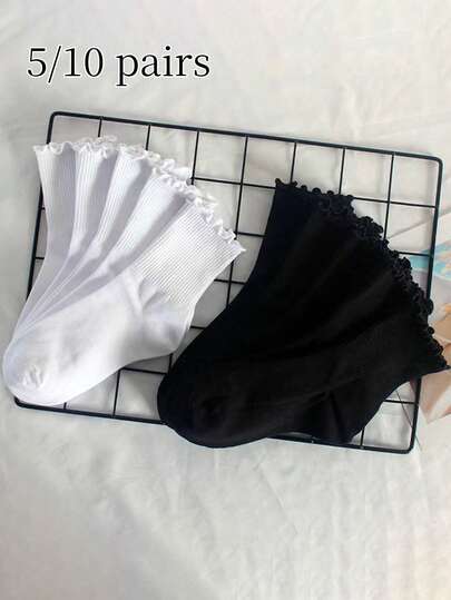 5/10 双女士纯白和黑色荷叶边下摆休闲长袜/中筒袜，舒适柔软，适合夏秋季日常穿着