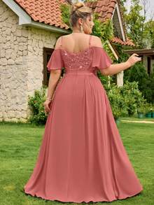 Plus Size Deep V-Neck Spaghetti Strap Sequin Floral Lace Patchwork Cold-Shoulder Contrast Ruffle Waist Chiffon Maxi Dress, Formal Evening Party, Homecoming, Wedding Guest, Formal Occasion - Dusty Pink - View 3