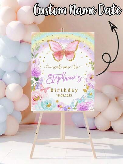 1 pieza Póster personalizado de fiesta de cumpleaños, Cartel de bienvenida a la fiesta de cumpleaños personalizado, Póster de fiesta de cumpleaños con patrón de mariposas y flores sin marco, Póster de lienzo con nombre y fecha personalizados, Decoración de pared de bienvenida de cumpleaños, Cartel minimalista de fiesta de graduación, Texto personalizable