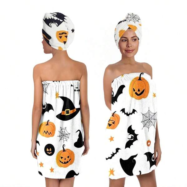 2pcs Cartoon Characters With A Light Blue Background In A Simple And Lively Cartoon Style Blue Ghost, Halloween Funny Print. Luxury Bath Towel Set, Super Soft Quick Drying Bath Towel Pack - Soft, Absorbent, Wearable Ladies' Shower Skirt And Shower Hair Drying Cap - Bath Towels