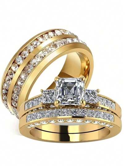 1 Pc Luxo Cor Dourada Strass Zircônia Anéis de Casal Noivado Aliança de Casamento Presente de Dia dos Namorados Moda Anéis de Aço Inoxidável Bonitos Mulheres Conjunto de Anéis de Zircônia