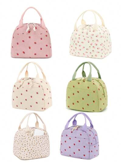 1 Peça Bolsa Térmica para Almoço com Estampa de Morango em Veludo Cotelê, Caixa Térmica para Armazenamento de Almoço, Bolsa Escolar Refrigeradora, Bolsa para Piquenique, Bolsa Térmica Portátil para Almoço, Bolsa Térmica Bento, Bolsa Térmica para Jantar, Bolsa Fofa para Almoço com Frutas, Bolsa para Almoço com Bolso, Acessórios Escolares, Bolsa para Almoço para Mulheres, Caixa de Almoço para Escola