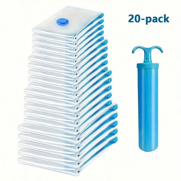 6/12/15/20pcs Basic Travel Vacuum Compression Bags Set With Hand Pump, Various Sizes, Transparent Sealed Plastic Storage Containers For Clothes, Blankets, Shirts, Home Space Saving Organizer Bags