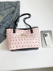 钻石纹纯色蝴蝶结装饰大容量休闲托特包，简约时尚手提包，2025新款 - 彩色 - 查看 4