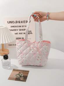 1 件绗缝女士迷你手提包粉色蝴蝶结印花购物手提包清新碎花午餐包非隔热午餐包食品收纳包大容量单肩包轻便旅行化妆品收纳包花卉化妆包