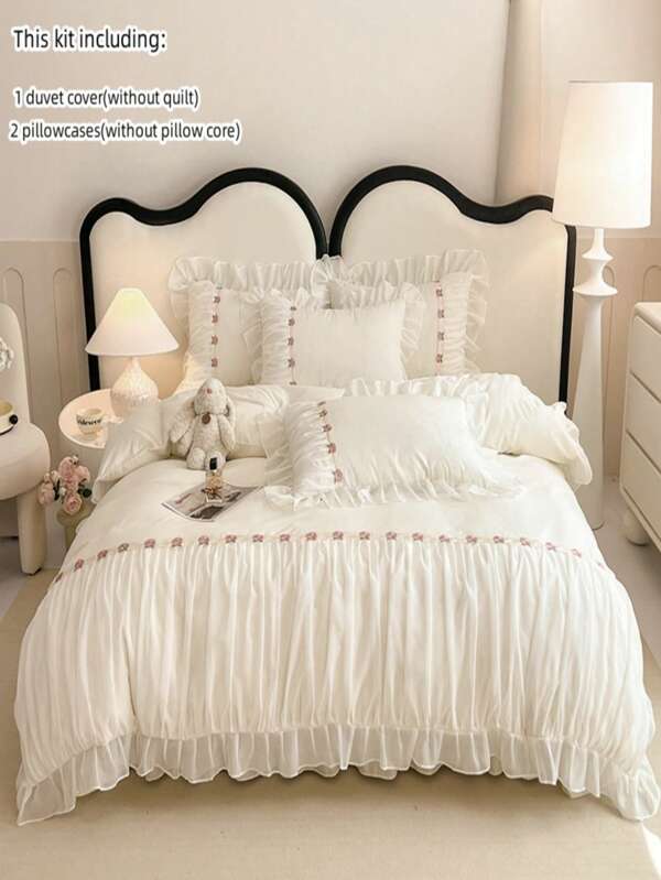 3 Peças Conjunto de Roupa de Cama de Estilo Princesa Coreano, Capa de Edredom e Fronha Brancas com Laço