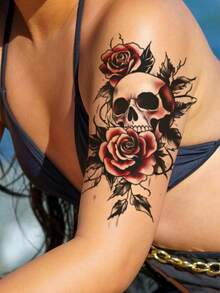 Red Rose Temporary Tattoo Stickers, Sexy Waterproof & Sweatproof Fake Rose Skull Floral Tattoo Stickers For Women, Unisex Flower Arm Tattoo For Abdomen, Leg, Arm, Back, Chest, Can Cover Scars, Lasts 2-5 Days, Easy To Apply & Remove