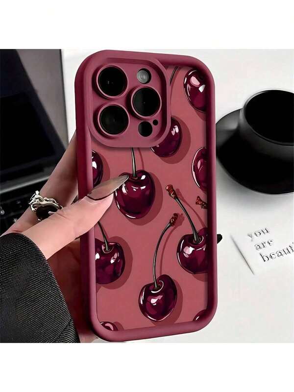 1pc Burgundy Frosted Cherry Pattern Phone Case With Red Bottom, Compatible With IPhone 16 Pro Max, 15, 14 Plus, 13, 12, 11 And Series, Personalized Cover Waterproof Shockproof Anti-Fall Scratch Resistant