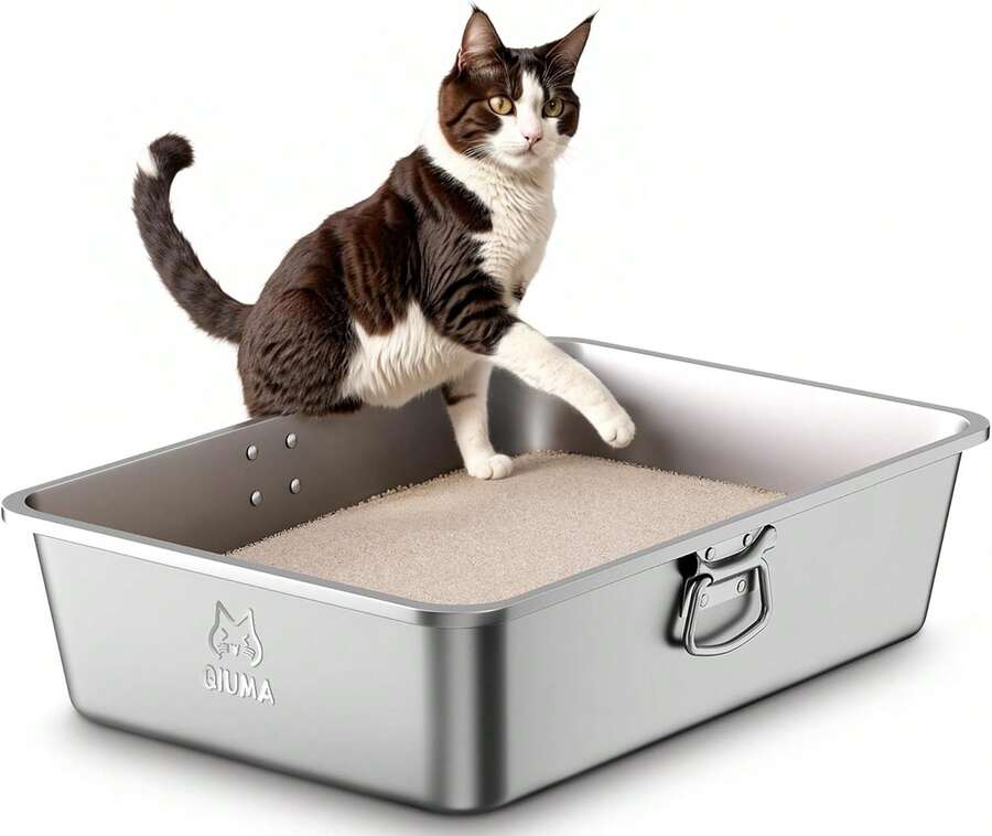 Qiuma Stainless Steel Litter Box With Handle, Large Metal Cat Litter Box With High Sided For Big And All Cats, Kitty Litter Boxes, Non-Stick, Easy To Clean, Odor-Free, All Cat Toilet - EasyLift Series(Handle & Scoop) - View 1