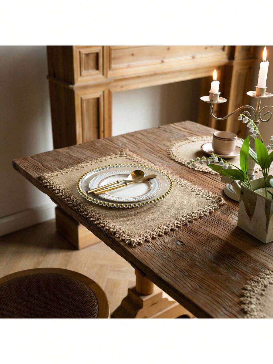 4 件/6 件波西米亚粗麻布餐垫，天然黄麻编织餐垫，带流苏，复古方形和圆形设计，农舍风格质朴棕色餐垫，用于餐桌装饰，适合节日、派对、婚礼、万圣节、感恩节