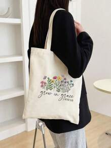 1 pieza Bolso de lona beige de moda, estampado de retazos de pintura al óleo, bolso de compras portátil para exteriores