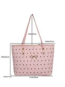 休闲大容量菱格纹纯色蝴蝶结手提包，简约时尚托特包，2025新款 - 粉色 - 查看 3