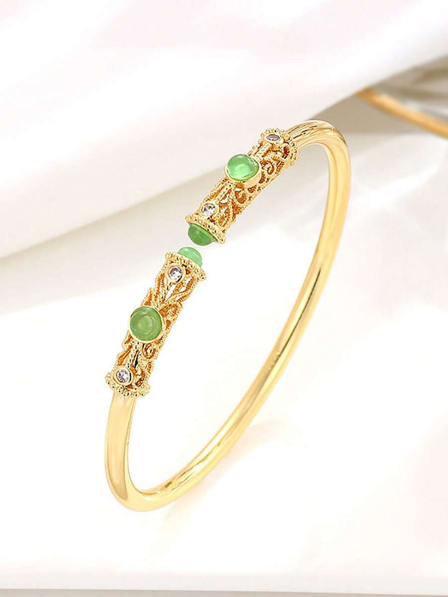 1pc Women Floral Bangle, Gold-Plated Open-End Hollow Hetian Jade Inlaid Chinese Style Bangle, Suitable For Daily Wear, Banquet, Party, Holidays Gift - Gold - View 1