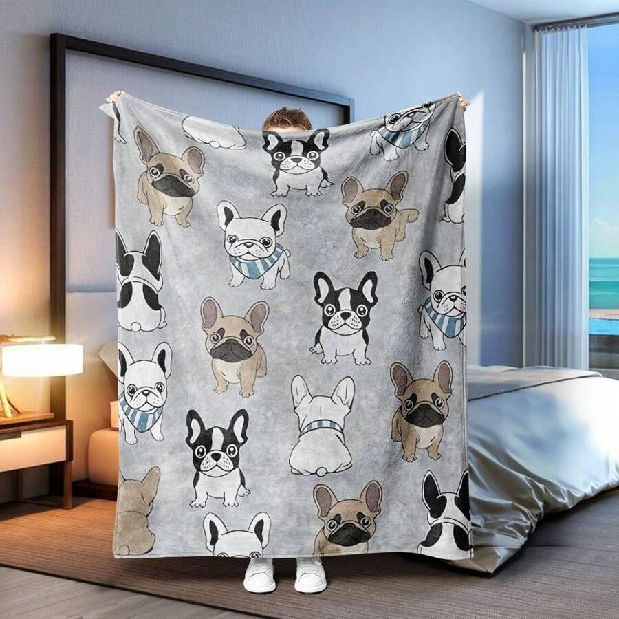 1pc French Bulldog Print Flannel Blanket - Cozy All-Season Throw For Home, Outdoor, Camping, Car Travel, Sofa, Bedroom Decor - Soft Polyester Knit, Digital Print, Mixed Colors, Dog Decor - Multicolor - View 1
