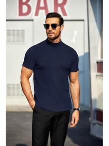 Mens Mock Turtleneck Sweater Short Sleeve Turtle Neck Sweaters Casual Ribbed Knitted Pullover Tops Solid Basic Tee - 藏蓝色 - 查看 3