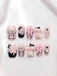 10PCS Short Coffin Handmade Press On Nails For Party And Daily Wear,Pink Color,Pink Nails,Pink Bow.Balloon Bear,Short Nails,Easy To Wear10pcs Y2K Handmade Press On Nails,Shining Bright , Summer Nails,Suitable For Girls And Women Festivals Parties And Daily Wear.Have A Size Map, You Can Choose A More Suitable Size Before Buying, To Avoid Buying The Wrong Size.Summer Nails Nail Supplies - Pink - View 2