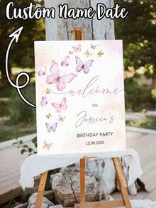 1pc - Personalized Birthday Party Poster, Customized Birthday Party Welcome Sign, Butterfly Pattern Birthday Party Unframed Poster, Customized Name And Date Canvas Poster, Birthday Party Welcome Poster, Minimalist Graduation Party Sign, Customized Text And Wall Art - Multicolor - View 1