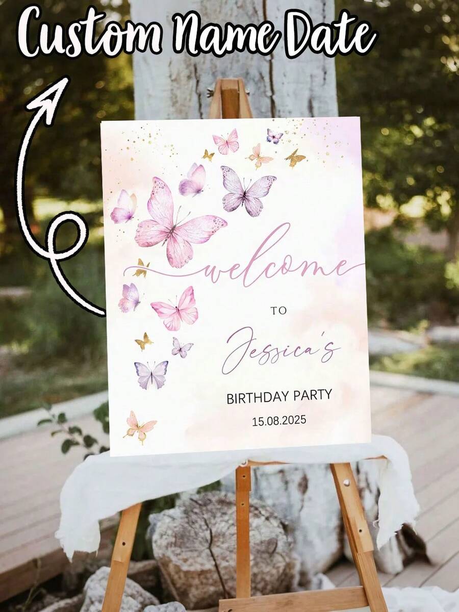 1pc - Personalized Birthday Party Poster, Customized Birthday Party Welcome Sign, Butterfly Pattern Birthday Party Unframed Poster, Customized Name And Date Canvas Poster, Birthday Party Welcome Poster, Minimalist Graduation Party Sign, Customized Text And Wall Art - Multicolor - View 1