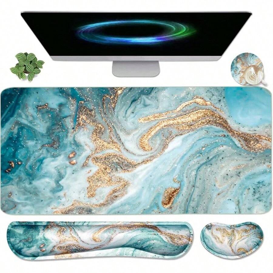 Large Mouse Pad Desk Dad, 4-In-1 Keyboard Wrist Rest Pad & Wrist Support Mouse Pad Set, Extended Desk Pad Waterproof Desk Home Office Study Game-Blue Marble - Green Marble - View 1