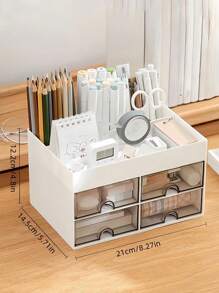 1 pieza Caja de almacenamiento de escritorio con 4 cajones, organizador de soporte para bolígrafos y tarjetas para escritorio, adecuado para escritorio, maquillaje, cosméticos, útiles de oficina, para oficina, hogar, escuela, vuelta al cole, decoración del hogar, accesorios de baño para almacenamiento de mujeres, artículos esenciales de viaje, almacenamiento para dormitorio
