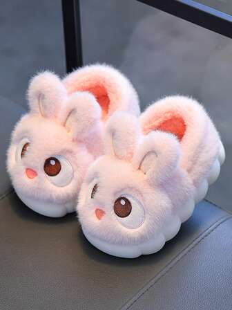 1 par de pantuflas con diseño de orejas de conejo de peluche con forro de piel sintética suave y suela de goma antideslizante, adecuadas para niños pequeños y niños en interiores como pantuflas de casa cálidas