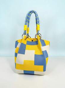 1pc Multicolor Geometric Pattern Knitted Handbag, Women Portable Foldable Dual Handle Small Tote Bag With Magnetic Closure, Suitable For Commuting, Vacation, Beach, Shopping