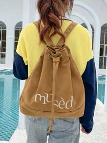 Mochila Saco com Cordão Estampa de Letra Casual na Moda, Mochila de Viagem e Férias