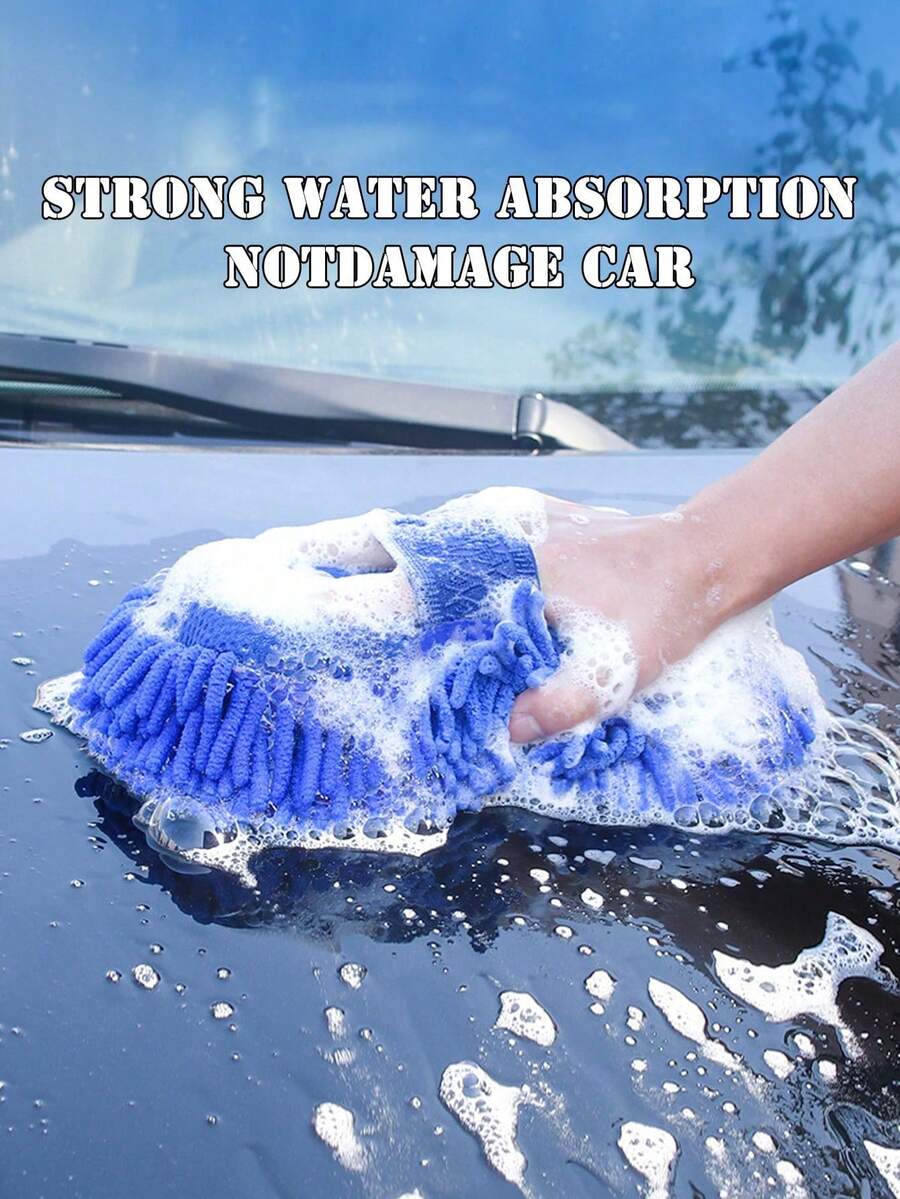 1个，柔软雪尼尔超细纤维汽车和摩托车清洗海绵刷，高效清洁吸水，专用汽车细节清洁工具，柔软吸水，深度清洁海绵刷手套 - 理想的家用和户外清洁工具 - 藍色 - 查看 1