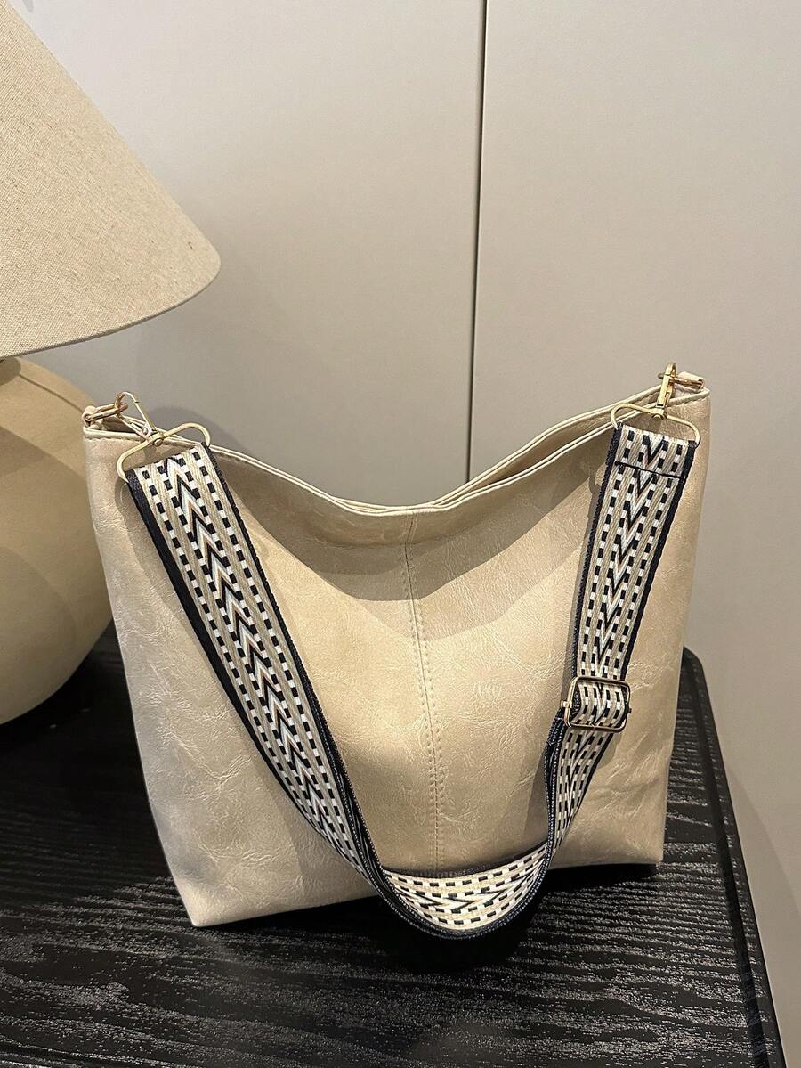 Geometric Pattern Shoulder Strap Crossbody Bag, Large Capacity Messenger Bag, Retro Style Shoulder Bag For Women - Beige - View 1