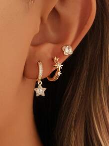 Set de 3 pares de aretes: Pendientes diminutos con estética Y2K, abrazaderas con estallido celestial, pendientes de flor, dije de estrella con pavé de CZ, aleación chapada en oro de 14k, hipoalergénico, kit para apilar en las orejas para amantes de la joyería de moda, accesorio casual con brillo