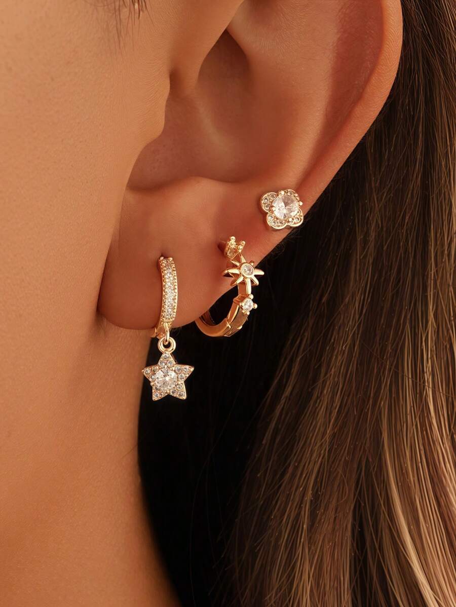 Set de 3 pares de aretes: Pendientes diminutos con estética Y2K, abrazaderas con estallido celestial, pendientes de flor, dije de estrella con pavé de CZ, aleación chapada en oro de 14k, hipoalergénico, kit para apilar en las orejas para amantes de la joyería de moda, accesorio casual con brillo