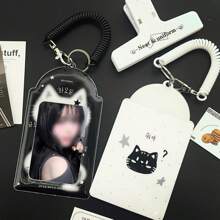 1 peça de bolso para fotos de gato preto e branco fofo, porta-cartões minimalista com decoração de orelha de gato, clipe para exibição de cartões de fotos de ídolos Kpop, porta-crachá de identificação de PU brilhante de 3-3,5 pol., adequado para artigos de fãs de shows, cabide para guardar cartões de fotos em bolsas