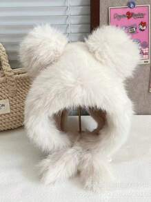 1 Stück Plüsch Bärenmütze mit Ohrklappen, dicke warme Winterkopfbedeckung für Frauen, süßer einfarbiger gestrickter Hut, geeignet für den Outdoor-Einsatz